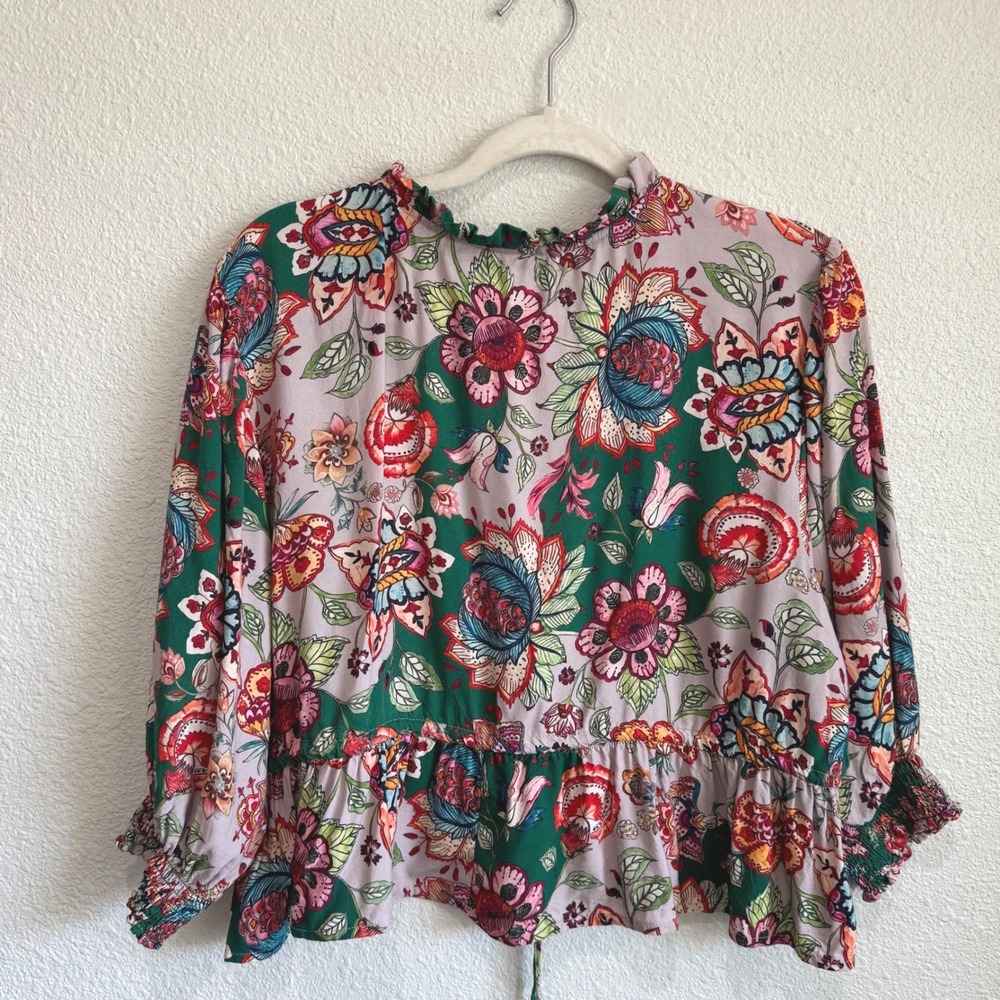 Natural Life Floral Boho Peplum Top Green‎ Pink Tassels Ruffle V-Neck Large Boho - Picture 8 of 9